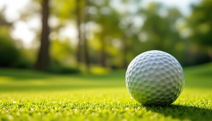 Golf Ball on Lush Green Fairway Close Up View  - Sunny Day Perfect Putting Green Background