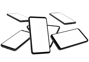 Several modern smartphones with blank white displays and dark frames are artfully arranged in dynamic positions on a transparent, isolated studio background with copy space, showcasing cutting-edge