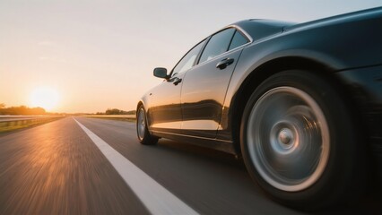 Luxury Black Sedan Driving on Open Road at Sunset Stunning Scenic Drive Fast Car Travel Adventure