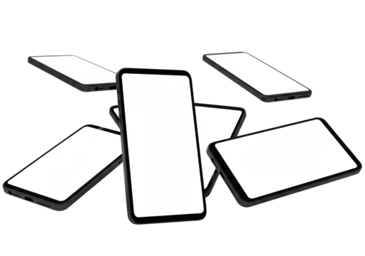 Several modern smartphones with blank white displays and dark frames are artfully arranged in dynamic positions on a transparent, isolated studio background with copy space, showcasing cutting-edge