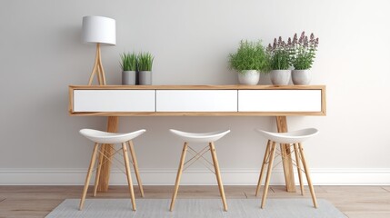 Modern wooden bar with white stools and plants.