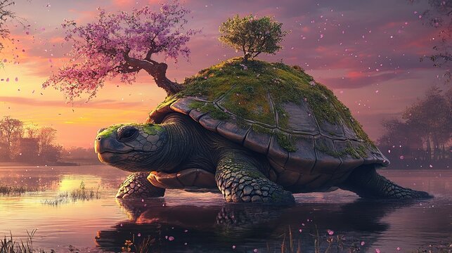 A hyper-realistic depiction of a colossal ancient turtle with moss-covered shell, carrying a small sacred tree on its back