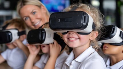 Group of Children Enjoying Virtual Reality Experience with Instructor