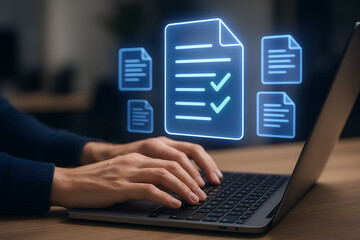 Digital checklist and document icons in modern workspacePerson holding a digital checklist with document icons,Businessman holding a digital tablet showing,Businessman working on a laptop,modern,Ai