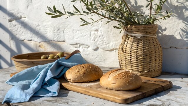 Rustic breakfast scene with fresh bread rolls and olives in a woven basket with a blue cloth