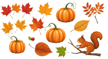 Photo of a vibrant autumn collection featuring colorful leaves, pumpkins, and a cute squirrel isolated on transparent background