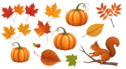 Photo of a vibrant autumn collection featuring colorful leaves, pumpkins, and a cute squirrel isolated on transparent background