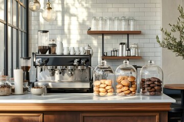 Featuring a professional espresso machine alongside an array of pastries elegantly displayed under glass domes on a cafe counter