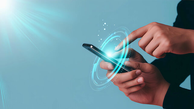 Young diverse businesspeople hold digital tablets and virtual interfaces, symbolizing global connection and success through technology