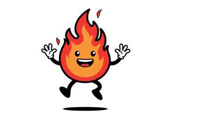 Happy cartoon fire character with hands and feet on white background