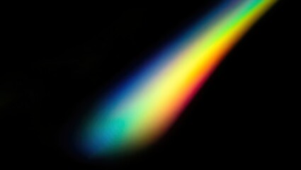 Fototapeta premium Blurred rainbow refraction overlay effect. Light lens prism effect on black background. Holographic reflection, crystal flare leak shadow overlay. Colorful rainbow disco ball light