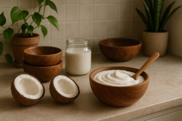 Wooden bowls filled with creamy yogurt and fresh coconuts on a countertop, accompanied by green plants, creating a serene kitchen atmosphere