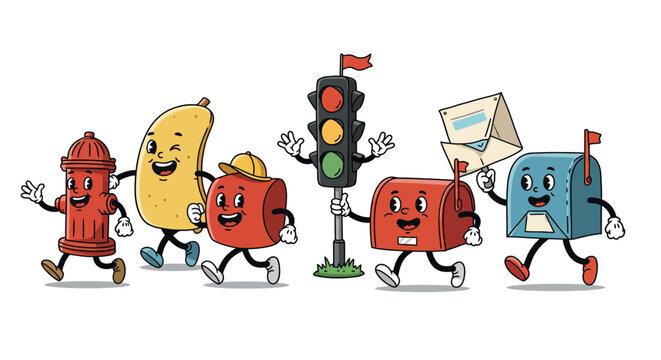 Cheerful cartoon characters featuring fire hydrant, banana, traffic light, mailbox