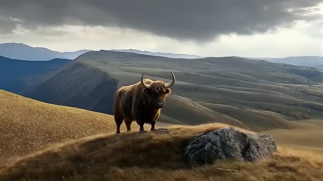 Majestic yak stands sentinel upon a grassy knoll overlooking a valley landscape