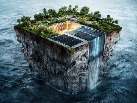 A floating island with lush greenery, solar panels, and a waterfall cascading into the ocean below, blending nature with futuristic technology.
