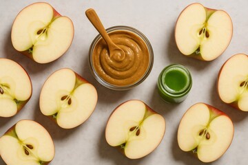 Sliced apples arranged with a bowl of creamy nut butter and a small bottle of green juice on a light background, showcasing a healthy snack option