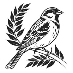 Vector art of a sparrow perches on a branch, isolated on white background, serenely