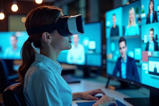 Female Executive Engaged in Virtual Meeting with Team in Futuristic Office Using VR Technology.