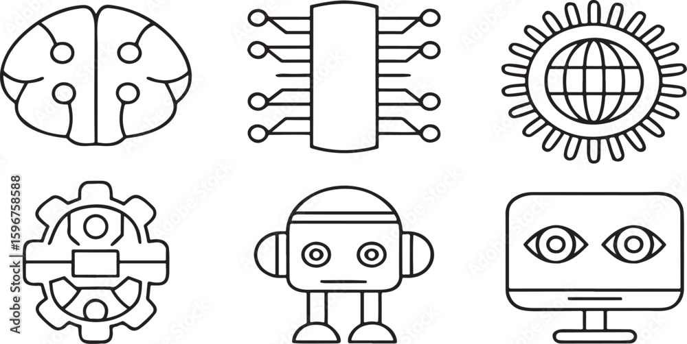 Poster isolated ai technology icons, machine learning chip, neural brain circuit, chatbot message, algorith