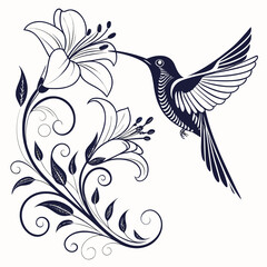 Vector art of hummingbird with floral design isolated on white background