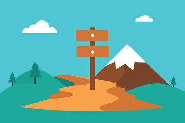 Mountain Trail Signpost Vector Illustration: Flat Design Landscape with Hiking Path, Trees, and Snowy Peak for Outdoor Adventure