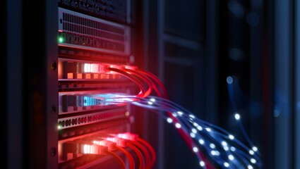 Server rack data center with fiber optic cables networking and it infrastructure