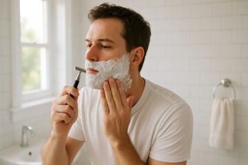 Caucasian man carefully shaving his beard with shaving cream and a safety razor in his modern bathroom