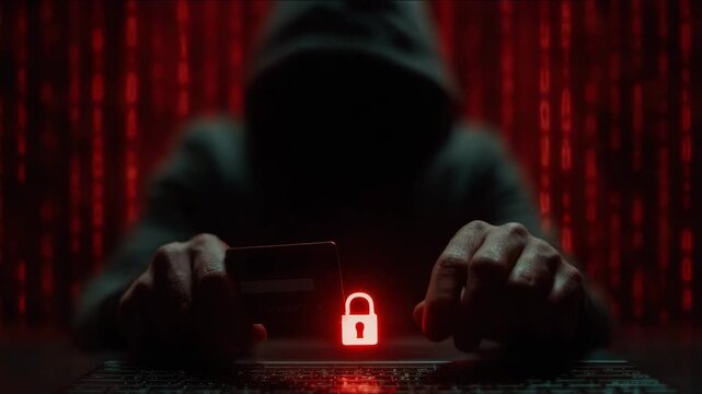 Mysterious figure in a dark hoodie sits in front of a laptop, illuminated by a glowing padlock symbol, representing cybersecurity and digital threats in a high-tech environment