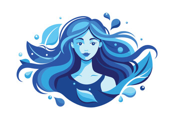 blue female portrait flowing hair water droplets vector elements artistic digital