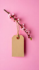 Blank tag mockup with cherry blossom branch on pink background for spring sale ad