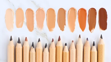 Foundation swatches and color pencils for makeup artist beauty product selection guide