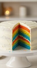 Colorful layered cake, sliced open, displayed on a white stand