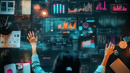 Top-down view of a futuristic workspace with holographic screens displaying data and video analytics, emphasizing a high-tech, digital concept. Live desktop wallpaper. - Powered by Adobe