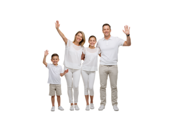 family of four waving goodbye together
