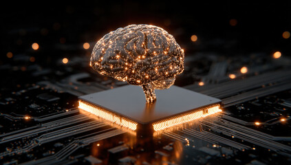 Glowing digital brain with circuit connections floating in dark space