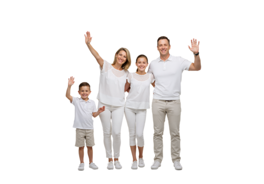 family of four waving goodbye together
