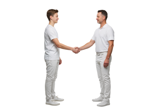 father and teenage son shaking hands, respectful full-body portrait on clean white background with white clothes. - Powered by Adobe