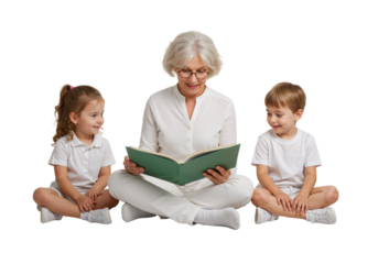 grandmother reading story to grandchildren, full-body bonding portrait on clean white background with white clothing.