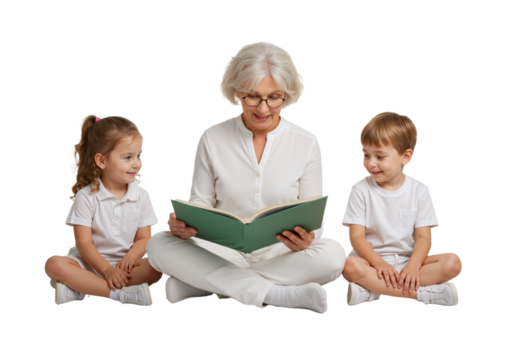 grandmother reading story to grandchildren, full-body bonding portrait on clean white background with white clothing. - Powered by Adobe