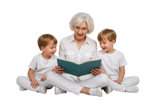 grandmother reading story to grandchildren, full-body bonding portrait on clean white background with white clothing.