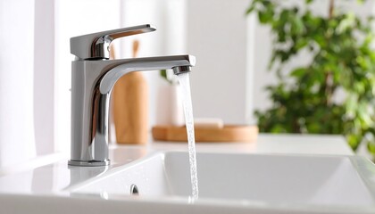 Modern bathroom faucet with running water over a sink