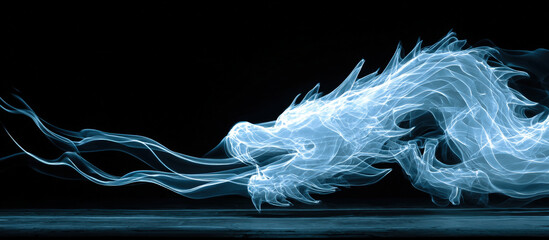 Glowing dragon of light trails in a dark minimalist panoramic scene