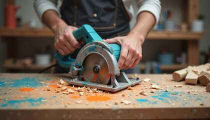 Person using electric saw on wooden table with colorful shavings  