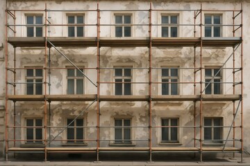 Scaffolding erected in front of old building facade with weathered plaster, undergoing renovation or restoration works