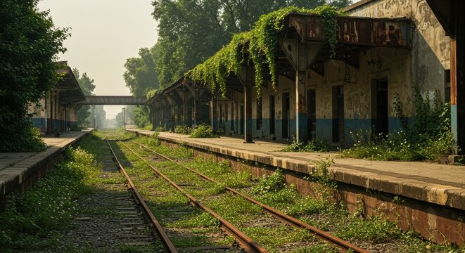 Overgrown abandoned train station with rusting tracks and weathered platforms