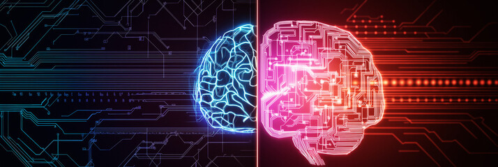 AI concept with circuit brain graphic for tech website or blog, futuristic 3:1 banner in neon blue and red with copy space on sides for digital content or landing page