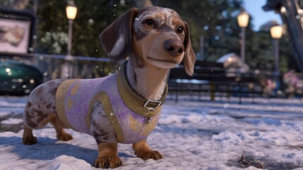 Cute Dachshund in Sweater Standing in Snowy Winter Park Scene