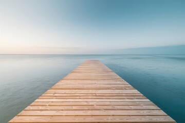 Obraz premium Serene wooden pier extending into a calm misty ocean under a soft sky
