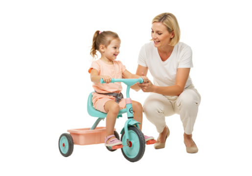 Mother helping daughter ride pastel tricycle