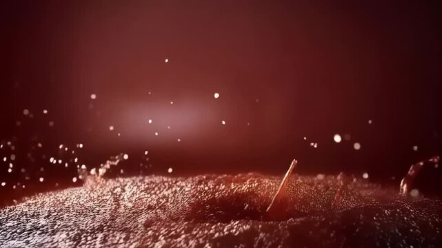 Liquid collision forming a crown of droplets in a deep red liquid background